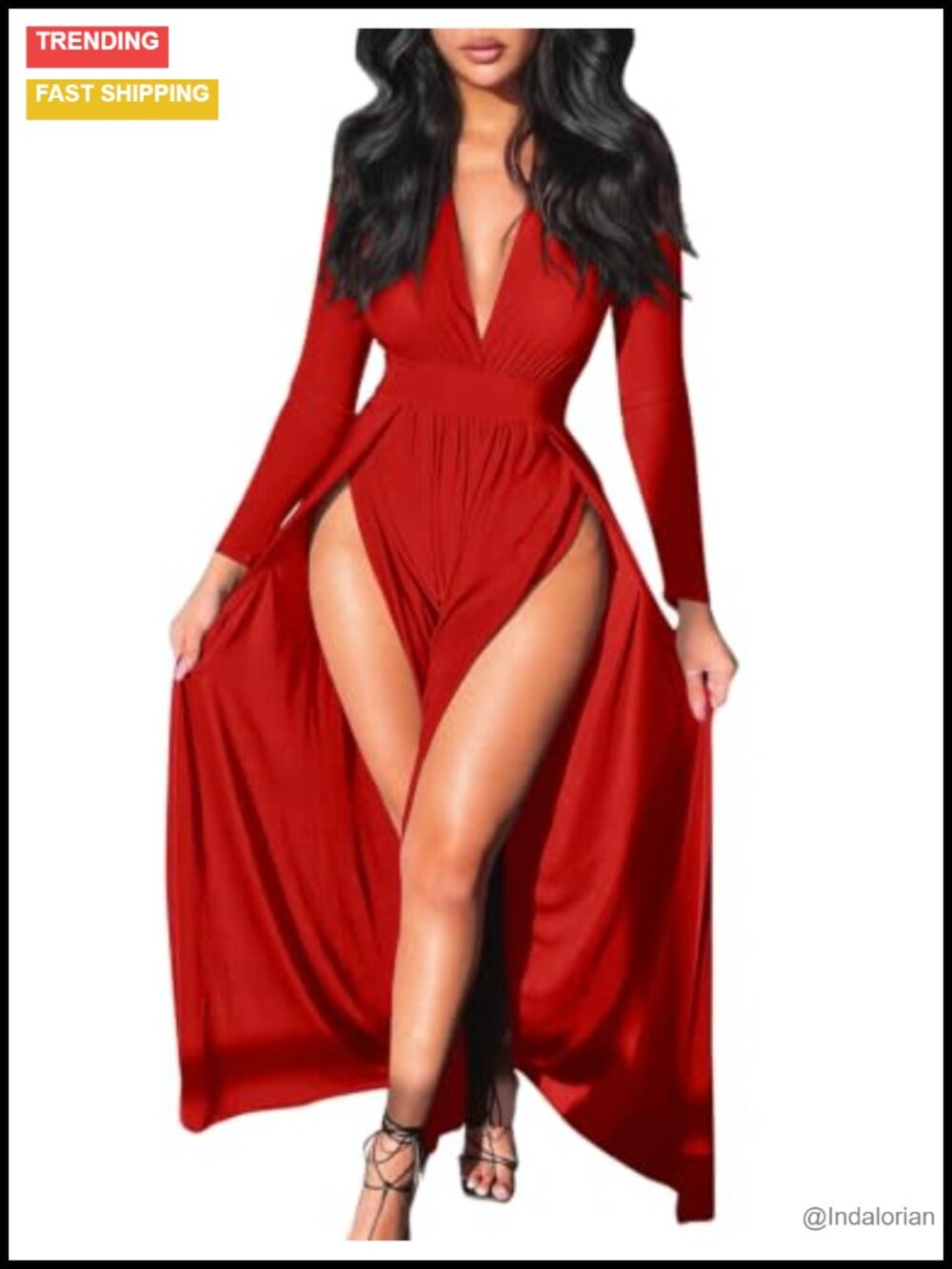 Sexy Long Sleeve Plunge V Neck Thigh Split Maxi Cocktail Club Dress
